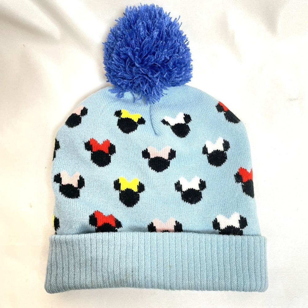 Disney Junior Minnie Mouse Toddler Knit Hat S ‎ 2T-5T Blue Beanie Pompom Tassel.